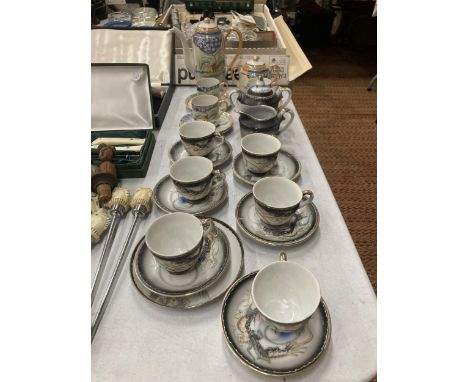 A FAIRYLITE ORIENTAL TEASET TO INCLUDE CUPS, SAUCERS, MILK &amp; SUGAR TOGETHER WITH A FURTHER PORCELAIN TEASET WITH COFFEEPO