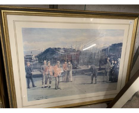 A FRAMED PRINT OF GOLFERS ON A PUTTING GREEN 