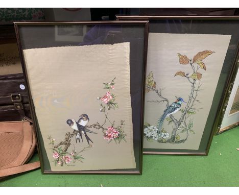 TWO PAINTINGS ON SILK OF BIRDS SIGNED M N MATEOS 