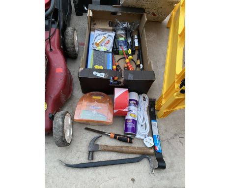 AN ASSORTMENT OF TOOLS TO INCLUDE SCREW DRIVERS, A HAMMER AND A CROW BAR ETC 