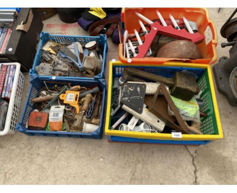 AN ASSORTMENT OF TOOLS TO INCLUDE A MALLET, SAW AND PLUMBING FITTINGS ETC 
