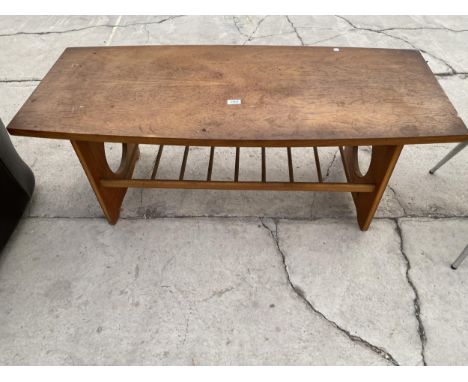 A RETRO TEAK COFFEE TABLE WITH MAGAZINE SHELF, 48X20" 