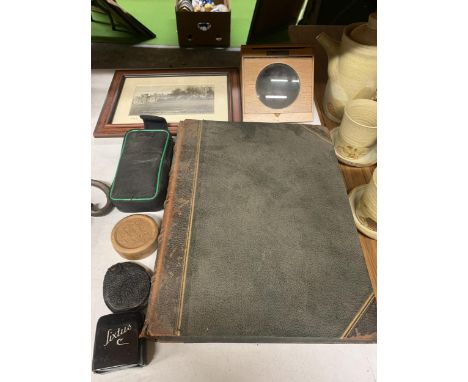 A MIXED LOT TO INCLUDE AN ALBUM WITH LARGE SEPIA ARCHITECTUAL PHOTGRAPHS TO INCLUDE STONEHENGE, CASTLES, CHURCHES, ETC, A DUF