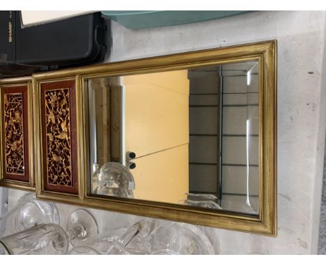A PAIR OF VINTAGE STYLE MIRRORS WITH A CUT AWAY PANEL TO THE TOP 28.5CM X 50CM 