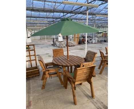 AN AS NEW EX DISPLAY CHARLES TAYLOR PATIO FURNITURE SET CROMPRISING OF A ROUND TABLE, FOUR CHAIRS AND A PARASOL (TABLE D:117C