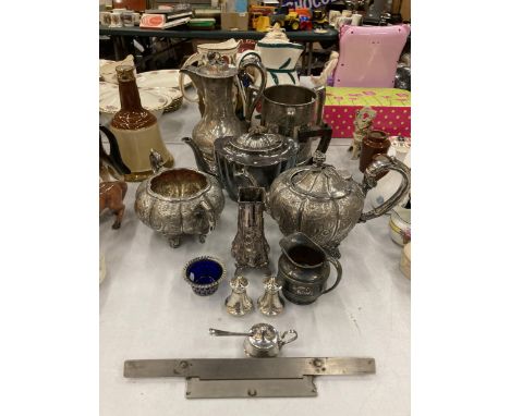 A LARGE QUANTITY OF SILVER PLATED ITEMS TO INCLUDE A COFFEE POT, TEAPOT AND SUGAR BASIN WITH EMBOSSED FOLIATE DECORATION AND 