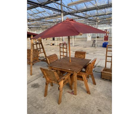 AN AS NEW EX DISPLAY CHARLES TAYLOR PATIO SET COMPRISING OF A SQUARE TABLE, FOUR CHAIRS AND A PARASOL (TABLE 119CM X 119CM) *