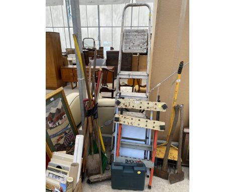 AN ASSORTMENT OF TOOLS TO INCLUDE LADDERS AND A WORK MATE ETC 
