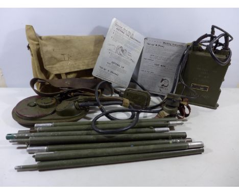A WORLD WAR II BRITISH ARMY MINE DETECTOR DATED 1940, COMPLETE WITH INSTRUCTIONS, EXTENDING POLES, CARPHONES, KNAPSACK ETC 
