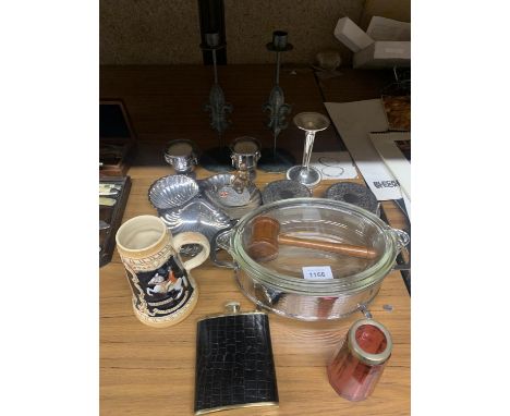 A MIXED LOT TO INCLUDE SILVER PLATED CANDLEHOLDERS, COASTERS, A SERVING DISH PLUS A CRANBERRY GLASS JAR, STEIN, HIP FLASK, GA