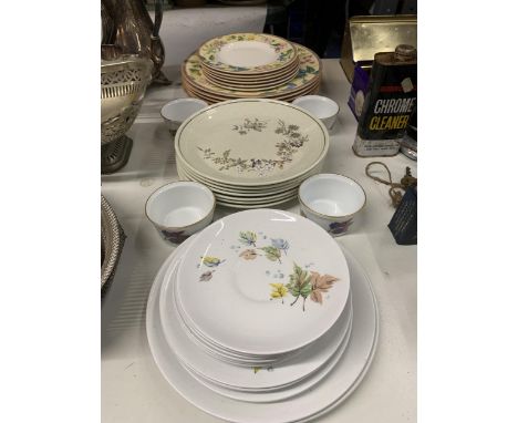 A QUANTITY OF PLATES TO INCLUDE JOHNSON BROS 'SNOW WHITE' AND 'SPRING MELODY', ROYAL WORCESTER 'EVESHAM' RAMEKINS, ETC 