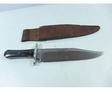 A LARGE BOWIE KNIFE AND SCABBARD, 23.5CM BLADE MARKED JAMES BARBER SHEFFIELD 