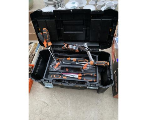 A PLASTIC STANLEY TOOL BOX WITH AN ASSORTMENT OF TOOLS TO INCLUDE PLIERS AND SCREW DRIVERS ETC 