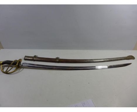 A CAVALRY SWORD AND SCABBARD OF UNKNOWN AGE, 87CM BLADE, PIERCED BRASS GUARD, PLEASE NOTE BLADE WILL NOT FULLY GO INTO SCABBA