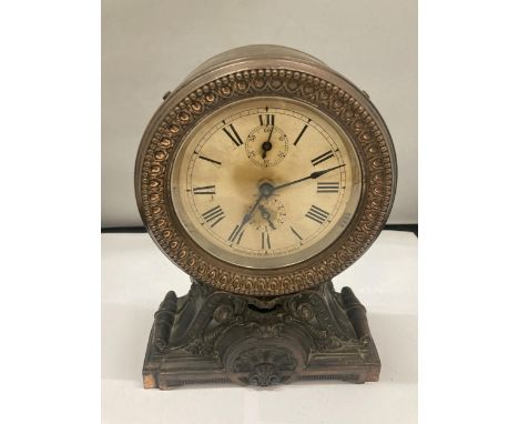 A VINTAGE METAL MANTLE CLOCK WITH ALARM 