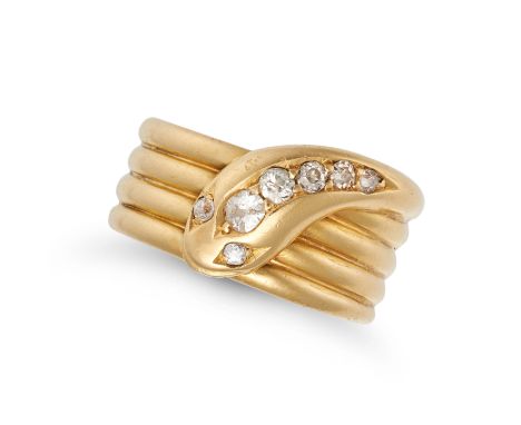 AN ANTIQUE DIAMOND SNAKE RING in 18ct yellow gold, designed as a coiled snake, the head set with a row of old cut diamonds, t