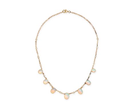 AN OPAL AND PEARL NECKLACE in 9ct yellow gold, the fancy link chain set with cabochon opals accented by seed pearls, stamped 