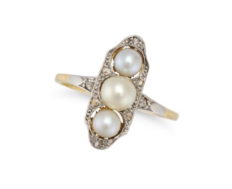 A PEARL AND DIAMOND RING in yellow gold, set with three pearls accented by rose cut diamonds, stamped 765, size J1/2 / 5, 2.4