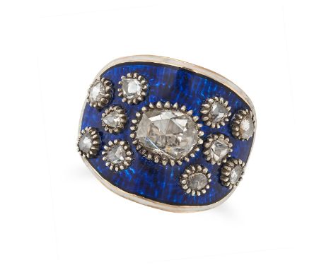 AN ANTIQUE DIAMOND AND ENAMEL RING in 14ct yellow gold, the blue enamel face set with rose cut diamonds, in a border of white