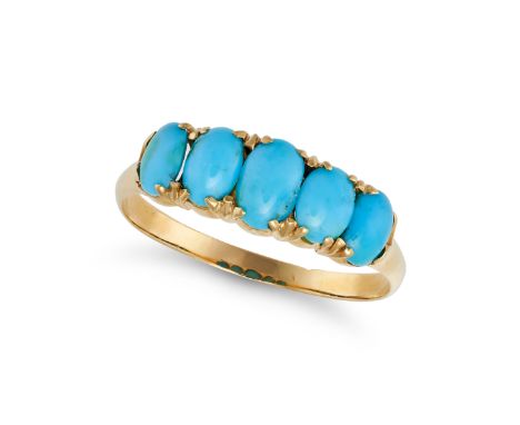 A TURQUOISE FIVE STONE RING in 18ct yellow gold, set with a row of five oval cabochon turquoise, no assay marks, size P1/2 / 