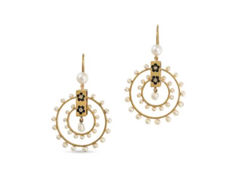 A PAIR OF ANTIQUE PEARL, DIAMOND, AND BLACK ENAMEL DROP EARRINGS in yellow gold, designed as two concentric open circles set 