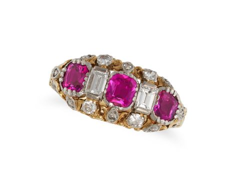 A BURMA NO HEAT RUBY AND DIAMOND DRESS RING in 14ct yellow gold, set with a row of alternating cushion cut rubies and baguett