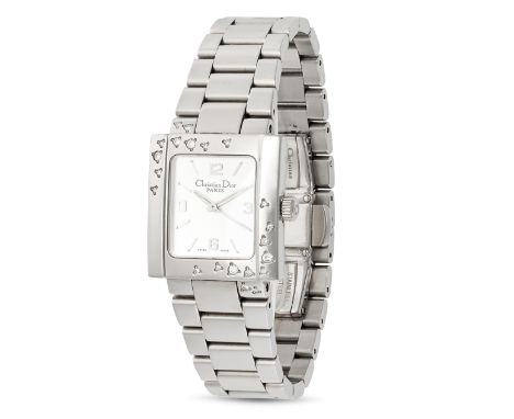 CHRISTIAN DIOR, A DIAMOND WRISTWATCH in stainless steel, the square dial with a satin finish, the case accented by round bril