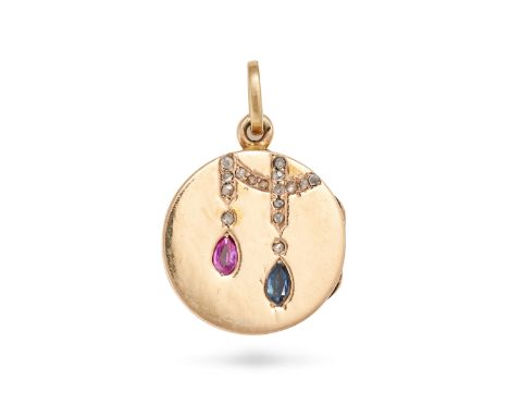 AN ANTIQUE RUBY, SAPPHIRE AND DIAMOND LOCKET PENDANT in yellow gold, the circular hinged locket set with a pear cut ruby and 