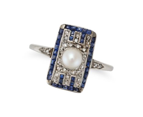 AN ANTIQUE PEARL, SAPPHIRE AND DIAMOND DRESS RING in 18ct yellow gold, the rectangular face set with a pearl of 4.6mm accente