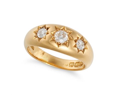 A DIAMOND GYPSY RING in 18ct yellow gold, set with three old European cut diamonds in star motifs, partial British hallmarks 
