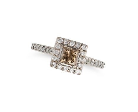 A BROWN AND WHITE DIAMOND CLUSTER RING in 18ct white gold, set with a princess cut brown diamond of approximately 0.55 carats