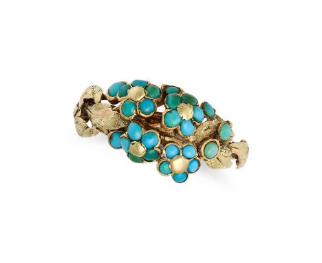 AN ANTIQUE TURQUOISE RING in yellow gold,&nbsp;designed as foliage and floral clusters set with round cabochon turquoise, no 
