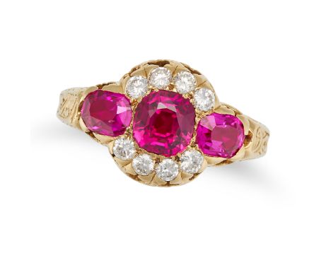 A VINTAGE BURMA NO HEAT RUBY AND DIAMOND RING in 18ct yellow gold, set with three cushion cut rubies all totalling 2.37 carat