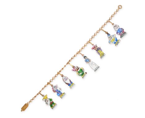 A VINTAGE ENAMEL SNOW WHITE AND THE SEVEN DWARFS CHARM BRACELET the curb link chain suspending eight charms decorated with va