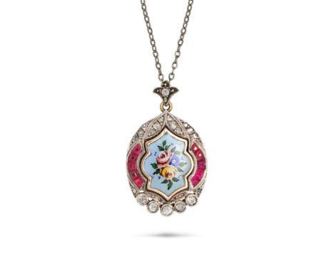 A DIAMOND, ENAMEL AND SYNTHETIC RUBY LOCKET PENDANT NECKLACE in yellow gold and silver, the pendant with an enamelled floral 