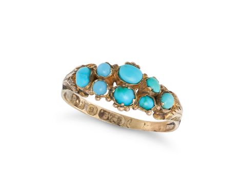 AN ANTIQUE TURQUOISE RING in 9ct yellow gold, set with two rows of round and oval cabochon turquoise, R.P maker's mark, parti