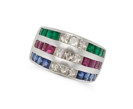 A DIAMOND, RUBY, SAPPHIRE AND EMERALD DRESS RING in 18ct white gold, set with trios of princess cut diamonds accented by rows