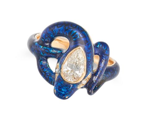 A FINE DIAMOND AND ENAMEL SNAKE RING in yellow gold, designed as a coiled snake decorated throughout with blue enamel, the he