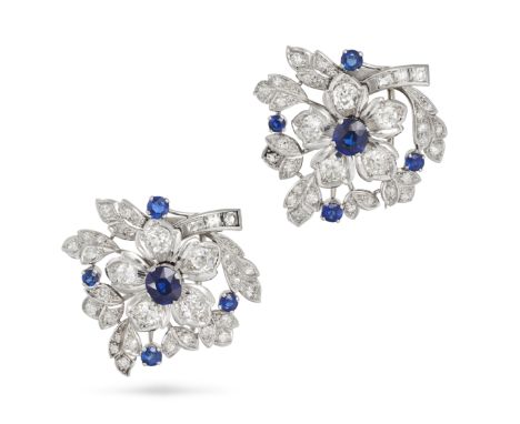 A PAIR OF VINTAGE SAPPHIRE AND DIAMOND CLIP BROOCHES &nbsp;in white gold and platinum, each designed as a floral spray set wi