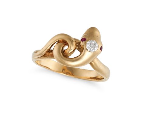 A RUBY AND DIAMOND SNAKE RING in 18ct yellow gold, designed as a coiled snake, the head set with an old cut diamond, the eyes