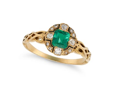 AN ANTIQUE EMERALD, DIAMOND AND ENAMEL RING in 18ct yellow gold, set with an octagonal step cut emerald of approximately 0.46