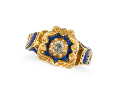 AN ANTIQUE DIAMOND AND ENAMEL MOURNING RING in yellow gold, set with an old cut diamond accented by scrolling blue enamel, wi