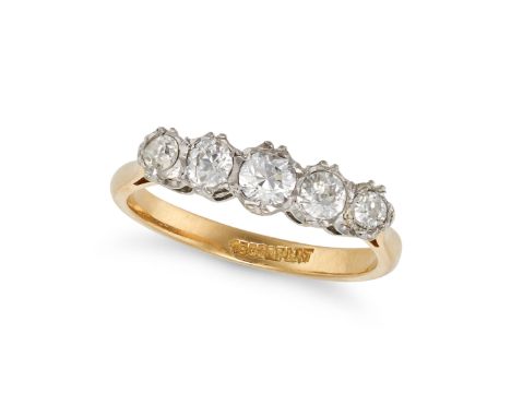 A DIAMOND FIVE STONE RING in 18ct yellow gold and platinum, set with a row of five old European cut diamonds, the diamonds to