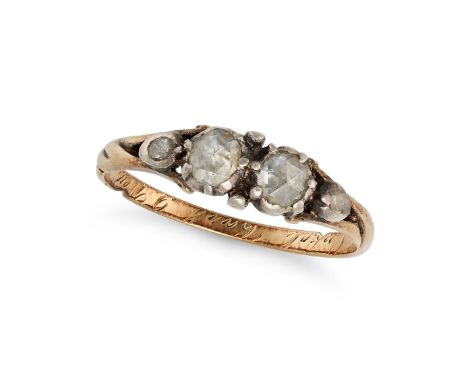 AN ANTIQUE DIAMOND RING in yellow gold, set with rose cut diamonds, inscribed indistinctly, stamped 563, size O / 7.25, 1.5g.