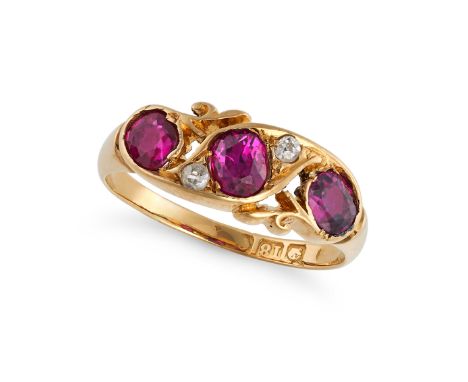 AN ANTIQUE RUBY AND DIAMOND RING in 18ct yellow gold, set with three cushion cut rubies accented by old cut diamonds, partial