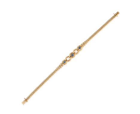 A VINTAGE SAPPHIRE AND PEARL BRACELET in 14ct yellow gold, comprising a row of curb links, the central section set with three