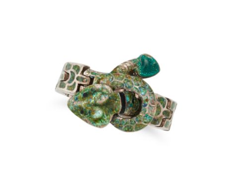 AN ENAMEL SNAKE RING in silver, designed as a coiled snake decorated with green enamel, on a flexible band, no assay marks, s