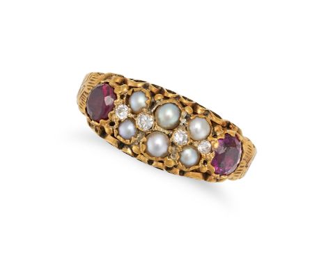 AN ANTIQUE VICTORIAN GARNET, PEARL AND DIAMOND RING in 9ct yellow gold, set with six seed pearls accented by single cut diamo