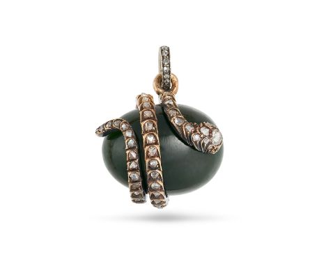 AN ANTIQUE DIAMOND SNAKE AND EGG PENDANT in silver and yellow gold, comprising a snake set throughout with rose cut diamonds 