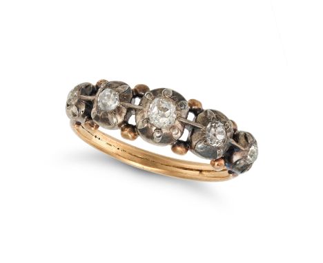 AN ANTIQUE DIAMOND HALF HOOP RING in yellow gold and silver, set with five old cut diamonds, no assay marks, size P / 7.5, 3.